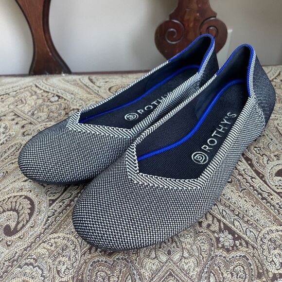 Rothy's Light Gray Checkered Birdseye Round Toe Ballet Flats Washable Size 8.5 - Picture 2 of 9